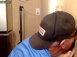 Cum in mouth gaydaddy sucks gloryhole cock at his home